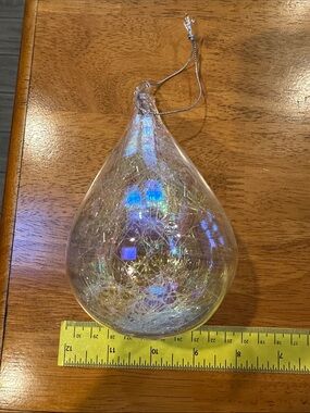 Iridescent Tear Drop Glass Ornament - Clear with Silver Sparkle